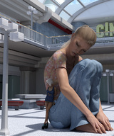 gentle giantess blonde long_hair clothed barefoot cleavage high_heels jeans dress sitting leaning mall runswithferrets digital_render