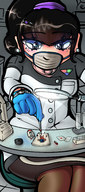 drawing black_hair color blood gloves ponytail gore sitting nylons shrunken_man cruel mask scientist science experiment lab_coat tweezers bleeding experimentation organs vivisection horror