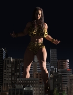 giantess long_hair angry brunette muscles outdoors bracelet skimpy_clothing digital_render orionpax09
