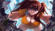 drawing giantess color large_breasts cleavage brunette purple_eyes pigtails town looking_down leotard angelgts seven_deadly_sins diane_(seven_deadly_sins)