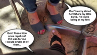 collage kneeling sandals shrunken_woman pink_nails toe_ring nail_polish dialogue sendigiovus
