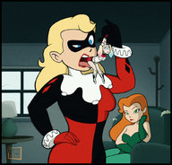 drawing vore blonde long_hair blue_eyes licking red_hair harley_quinn surprised open_mouth mask indoors poison_ivy imminent_vore white_skin theforbiddendookbag skintight_clothing