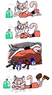 drawing furry anthro large_breasts breast_crush cat_ears lying_down shrunken_woman shrunken_man cat_girl dialogue no_background pink_skin inchhighlilliputian shima_luan
