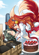 drawing giantess blushing city black_hair long_hair licking fox_ears fox_tail cake red_hair lying_down unknown_artist giantesses outdoors multiple_tails cysh_aizen kotoki_muso