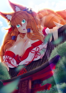 drawing giantess large_breasts long_hair huge_breasts fox_ears fox_tail red_hair looking_down multiple_tails shrine_maiden cysh_aizen buddyanonymous