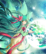 drawing giantess earth giga long_hair planet fox_ears fox_tail green_hair multiple_tails hwan_mi_kyong kumiho ibbon