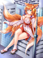 drawing giantess city color large_breasts destruction fox_ears fox_tail sitting outdoors multiple_tails bells legs_crossed sitting_on_building cysh_aizen mirayna