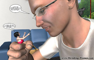 black_hair giant male handheld glasses short_hair shrunken_woman looking_down ilayhu indoors pointing dialogue digital_render