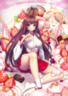 drawing panties blushing upskirt color long_hair clothed brunette ice_cream japanese_clothes sitting strawberry shrunken_woman indoors looking_at_viewer cookie shrine_maiden tabi_socks geta dessert sprinkles thaichau