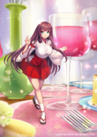 drawing large_breasts long_hair brunette japanese_clothes fork shrunken_woman on_table wine_glass shrine_maiden tabi_socks geta thaichau