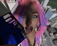 giantess vore city large_breasts long_hair tongue pink_hair open_mouth outdoors digital_render giantess_lover45