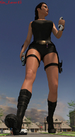 giantess city long_hair smiling ponytail boots shorts walking vehicles outdoors top lara_croft digital_render giantess_lover45