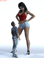 long_hair clothed cleavage brunette amazon shorts standing top hands_on_hips digital_render giantess_lover45