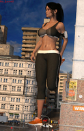 gentle giantess city black_hair long_hair clothed cleavage buildings standing pants onlookers stretching top digital_render giantess_lover45