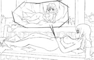drawing nude vore monochrome large_breasts long_hair in_stomach smiling lying_down unknown_artist cutaway