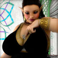 breasts giantess large_breasts clothed cleavage princess smiling elf looking_down lipstick voluptuous freckles bracelet makeup olympia pointed_ears digital_render ashkiiwolf between_breasts