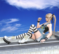 giantess blonde long_hair handheld ribbon smiling boots unknown_artist sitting twintails dead_or_alive school_bus bus striped_stockings bracelet leaning_back digital_render hair_clip marie_rose