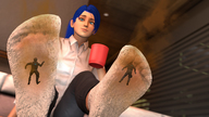 blue_hair smiling ponytail sitting shrunken_man looking_down smelly_socks stink stuck_to_foot mug digital_render polyphius