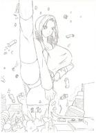 drawing giantess mega upskirt monochrome destruction anime huge_breasts nao short_hair kick