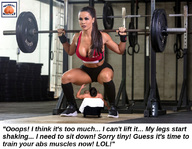 collage cleavage shrunken_man underneath sneakers thighs athletic dialogue squeezemeflat gym implied_crush barbell squats
