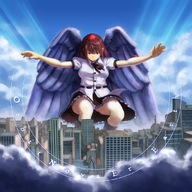drawing giantess wings city long_hair clothed skirt touhou brunette unknown_artist looking_down outdoors hat aya_shameimaru tengu