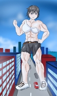 giantess blushing city black_hair large_breasts short_hair muscles shorts looking_down foot_print vehicles sneakers outdoors ripped_clothing bare_midriff ekkonshon