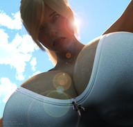 breasts giantess blonde bra brunette shorts point_of_view jetslasher hanging_on lara_croft looking_at_tiny digital_render on_bra