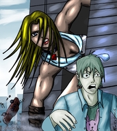 breasts drawing giantess city blonde destruction blue_eyes clothed cleavage angry skyscraper vehicles tastysnack
