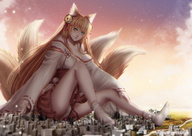 drawing giantess city mega color long_hair destruction cleavage green_eyes fox_ears fox_tail red_hair sitting finger_crush smoke fox_girl shrine_maiden tabi_socks cysh_aizen solchan