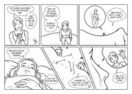 drawing comic monochrome clothed smiling story lying_down short_hair lesbians shrunken_woman looking_up top bracelet dialogue panels smushedboy on_face on_nose