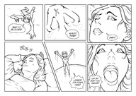 drawing comic monochrome clothed smiling story lying_down short_hair surprised lesbians shrunken_woman looking_up top bracelet dialogue panels smushedboy on_face on_nose