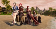 white_hair black_hair long_hair beach brunette red_hair ponytail mini_giantess sitting outdoors hairband digital_render aion grp