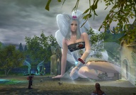 giantess white_hair long_hair fox_ears fox_tail sitting outdoors bracelet multiple_tails digital_render aion grp
