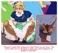 drawing upskirt blonde clothed smiling story dress short_hair nylons shrunken_man looking_down crouching molotav dialogue hanging_on