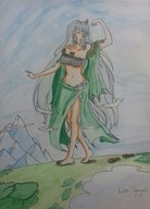 drawing giantess white_hair long_hair barefoot dress walking mountains clouds flexing kjl03 wearing_buildings fortress_girl foot_prints