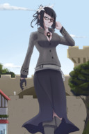drawing giantess black_hair color large_breasts clothed cleavage glasses gloves dress boots flower outdoors hair_bun xxxgoom between_breasts