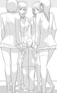 drawing giantess monochrome clothed mini_giantess school shrunken_man giantesses background skirts student amazons surrounded