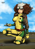 breasts drawing giantess mega color clothed handheld gloves airplane crouching airport jacket belt headband x-men marvel_comics skintight_clothing rogue_(x-men) radprofile hair_streak