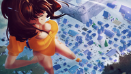 giantess large_breasts cleavage brunette purple_eyes pigtails town looking_down leotard angelgts seven_deadly_sins diane_(seven_deadly_sins)