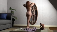 breasts nipples nude long_hair butt barefoot pubic_hair domination red_hair kneeling navel shrunken_man standing reflection undressing mirror sofa plants digital_render mundogts