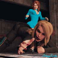 blonde long_hair clothed angry red_hair crawling reaching indoors red_nails nail_polish running_away digital_render cleavage_window johnnyscribe rener