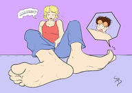 drawing feet masturbation blonde color clothed barefoot short_hair sitting unaware closed_eyes top goggles smushedboy hand_in_pants no_background ant_bully