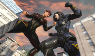 giantess black_hair long_hair armor low_angle red_hair short_hair fighting giantesses outdoors skintight_clothing