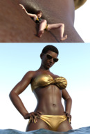 bikini black_hair water short_hair shrunken_man looking_down sunglasses dark_skin outdoors hanging_on hands_on_hips boomgts digital_render