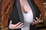 long_hair clothed cleavage huge_breasts red_hair short_hair shrunken_woman boomgts digital_render cupping_breasts between_breasts