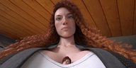 large_breasts long_hair clothed cleavage red_hair short_hair shrunken_woman looking_up indoors boomgts digital_render between_breasts