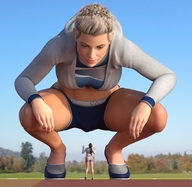 blonde brunette ponytail short_hair shorts looking_down outdoors crouching jacket boomgts digital_render