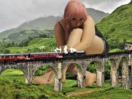giantess collage long_hair barefoot train pink_hair sitting shorts looking_down outdoors nail_polish top