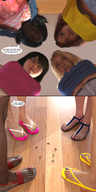 feet blonde black_hair long_hair glasses brunette low_angle red_hair shrunken_men sandals dark_skin flip_flops red_nails nail_polish point_of_view dialogue panels blue_nails digital_render red-neptune