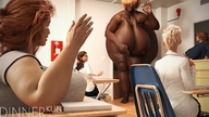 nude blonde huge_breasts short_hair mini_giantess school dark_skin indoors classroom big_butt thick_thighs digital_render dinner-kun